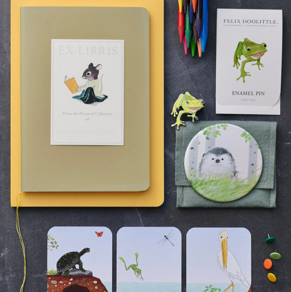 Bookplates, Bookmarks, Enamel Pins, Pocket Mirrors, and more for both parents and kids for Back to School.
