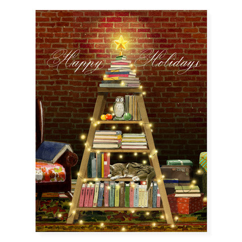 Decorative Christmas card with a ladder, books, and lights against a brick wall.